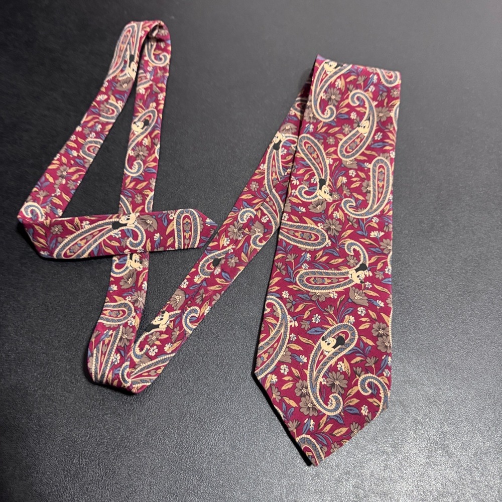 Disney Originals Necktie Mens‎ OS Burgundy Paisley Mickey Mouse Floral Vintage